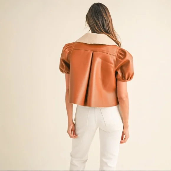 Shearling Lined Camel Puff Sleeve Cropped Leather Jacket with Peter Pan Collar - Picture 8 of 10
